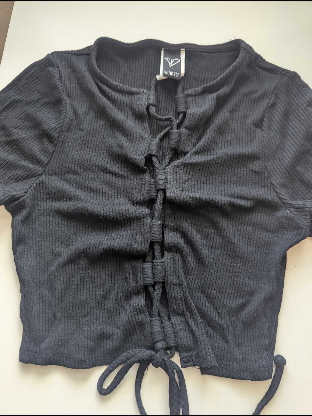 Windsor Black Ribbed Front-Tie Crop Top